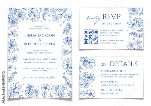Wedding Invitations Set in Blue Floral Toile Style
