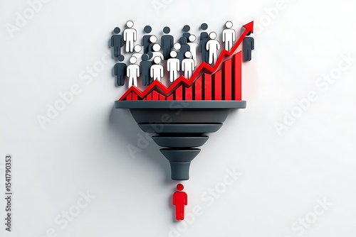 Sales Funnel Concept 3 D Render Gray Funnel Red Bar Graph White Black Figures Rising Upward Single Red Figure Below Marketing Business Growth Strategy Data Visualization