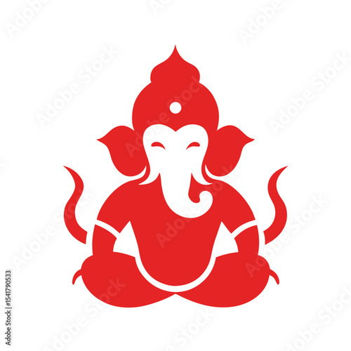 A simple red and white icon illustration depicting the hindu god ganesha in a lotus position