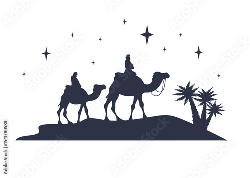 Two silhouettes journey across the desert on camels under a starlit sky near palms