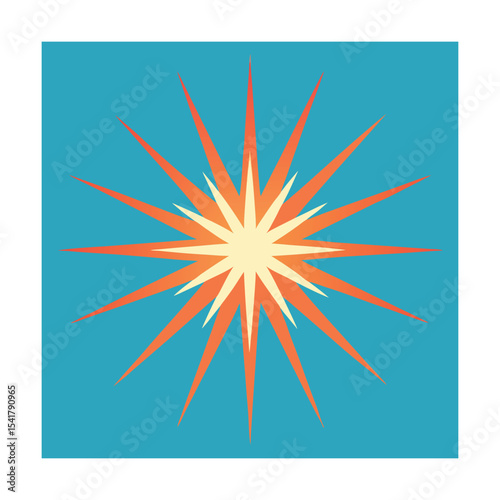 Vibrant retro explosion burst shape in orange and cream on a bright turquoise square background