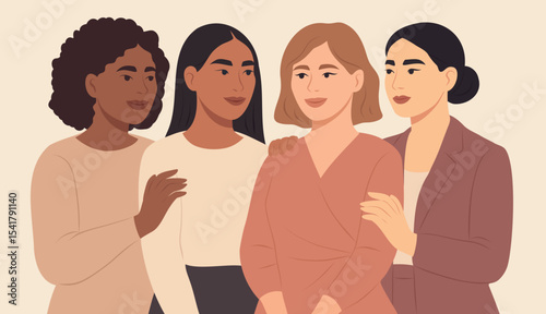 Vector flat horizontal banner for International Women's Day, women of different cultures and nationalities stand together, giving support. Movements for gender equality and women's empowerment
