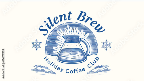 Silent brew holiday coffee club logo featuring a coffee pot snowflakes and winter landscape illustration