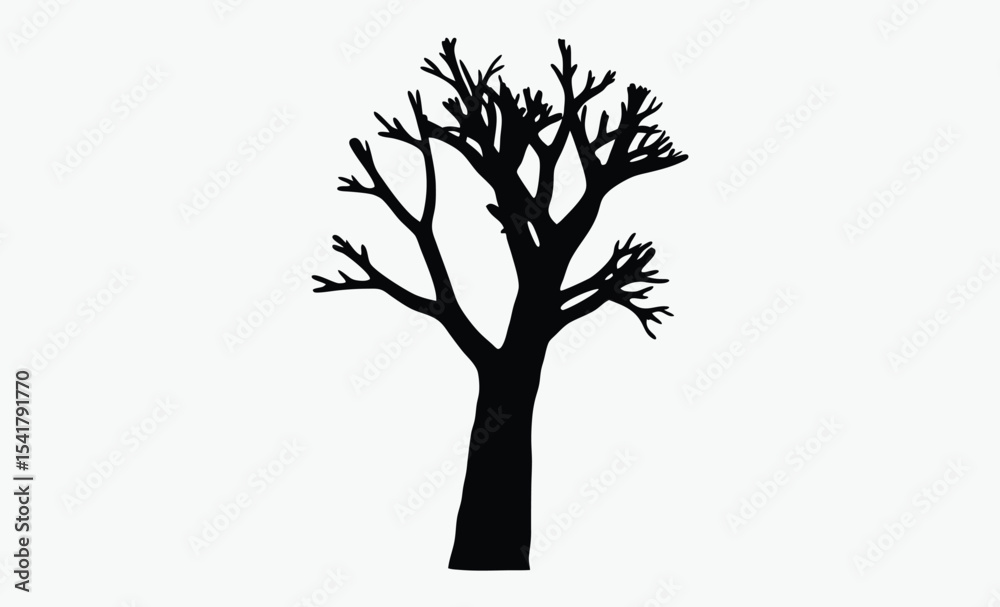 Fototapeta premium Bare tree silhouette, leafless tree drawing, spooky tree outline, hand drawn illustration