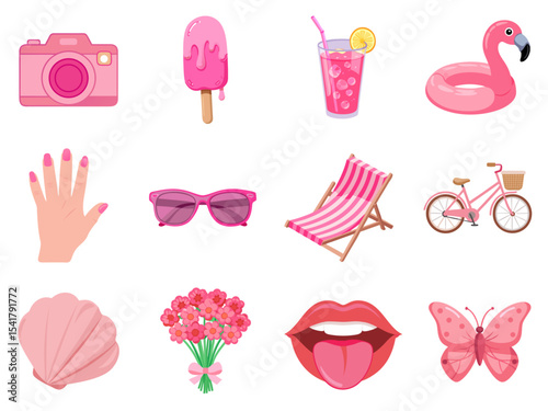 set of pink summer icons