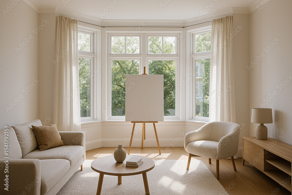 Fototapeta premium Sunlit Beige Living Room with Wooden Furniture and Blank Canvas on Easel livingroom sofa