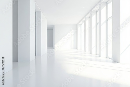 Minimalist bright white interior with modern windows and clean architectural lines