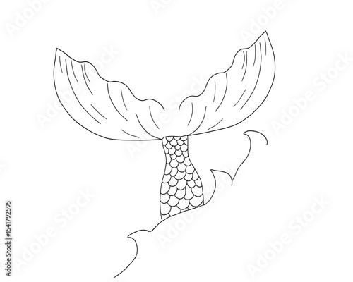 Hand-drawn mermaid tail illustration with wave lines and fantasy elements. Tattoo-style black outline for sea-inspired, feminine, or mythological vector projects.