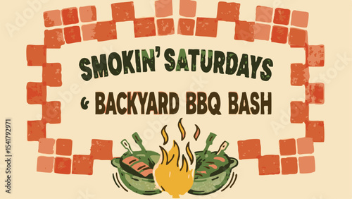 Image of a smokin saturdays and backyard bbq bash graphic with fire and cooking pots in a checkered frame