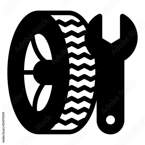 Wrench tool and car wheel solid icon, tires fitting concept. Vector graphics. Changing wheels, car service sign on white background, style mobile or design.
