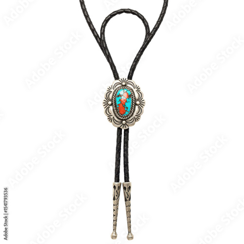 Southwestern style turquoise and silver bolo tie with intricate detailing