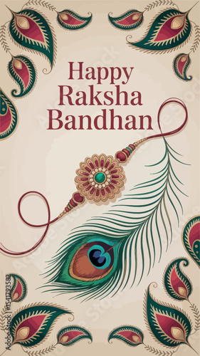 Elegant Raksha Bandhan Greeting with Rakhi and Peacock Feather Design