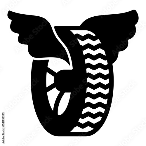 Car wheel with angel wings solid icon, tires fitting concept. Vector graphics. Used rubber tire, changing wheels sign on white background, style mobile or design.