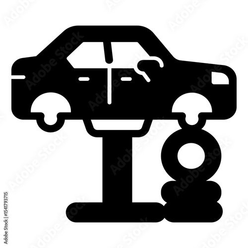 Car vehicle on lift with tires solid icon, car service concept. Vector graphics. Lift with automobile, chassis repair sign on white background, style mobile or design.