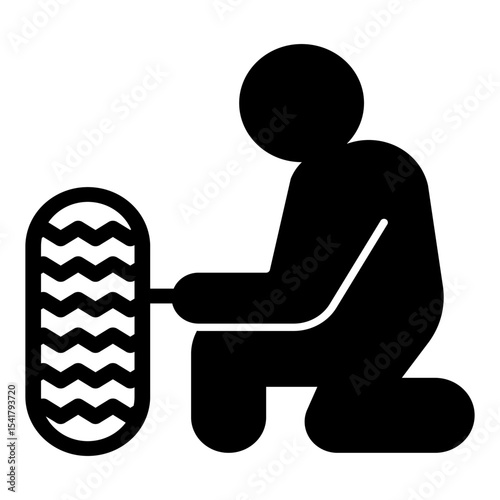 Auto mechanic with car wheel solid icon, tires fitting concept. Vector graphics. Man changing tire, car service sign on white background, style mobile or design.