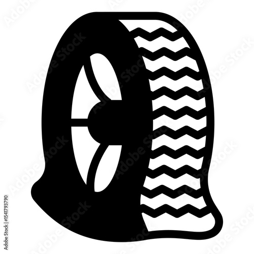 Deflated rubber tire solid icon, tires fitting concept. Vector graphics. Car wheel with released air sign on white background, style mobile or design.