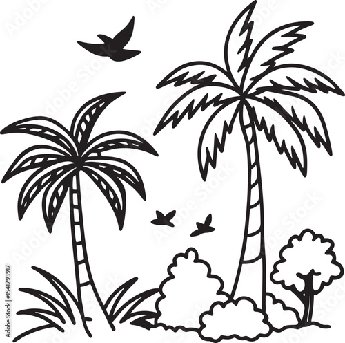 A vector illustration of a tropical island with a palm tree silhouette, perfect for a summer beach nature design