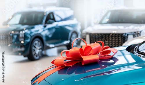 New car purchase at dealership with red bow on suv hood