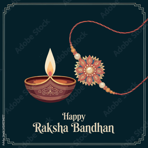 Raksha Bandhan Greeting with Traditional Diya and Rakhi Design photo