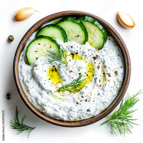 Delicious homemade tzatziki dip with cucumber and fresh dill in a rustic wooden bowl on white background