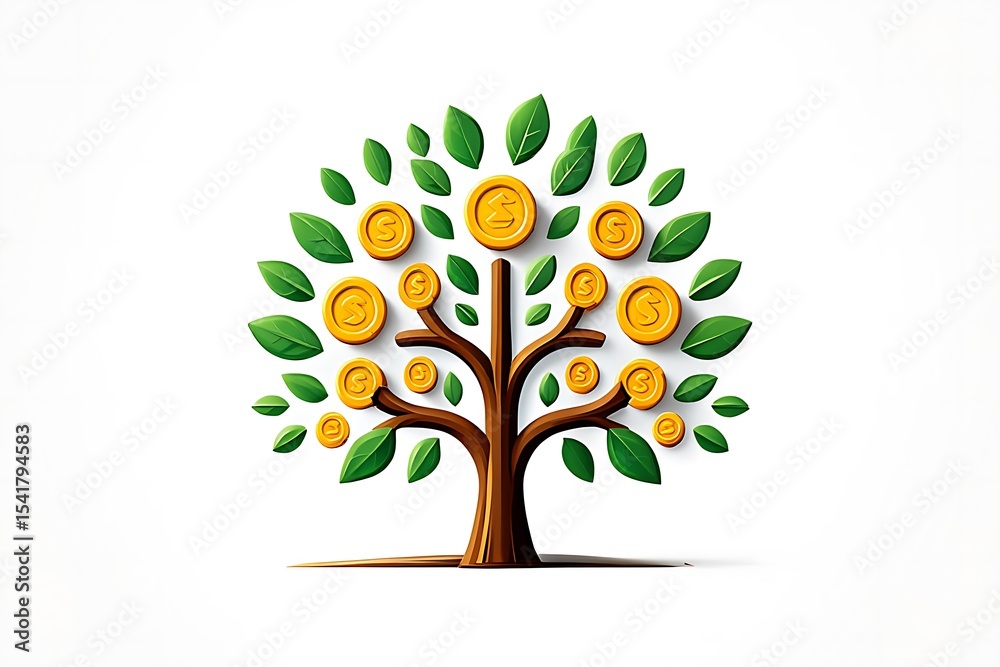 Obraz premium Stylized illustration of a money tree with a brown trunk and branches adorned with numerous golden coins featuring dollar signs and vibrant green leaves set against a clean white backdrop