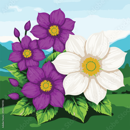A beautiful floral background featuring pink daisy flowers and purple chrysanthemums in a vibrant spring garden