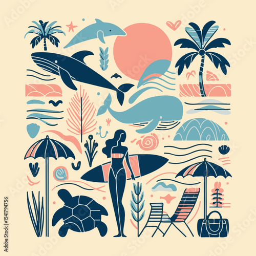 Abstract summer poster or card in simple scribble style, with summer vacation theme