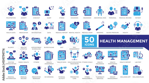 Health management icon solid two color set collection. his set includes anxiety, medical report, mental health, medical exam and more icons in solid style. Vector icons collection for infographics