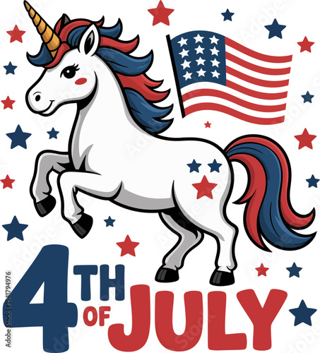 Patriotic unicorn with red blue mane holding American flag surrounded by stars and bold 4th of July text  