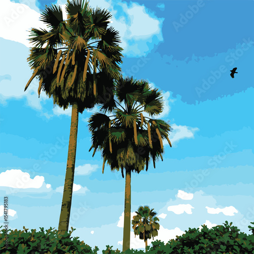 Tropical palm trees reach towards the blue sky, evoking a serene island paradise