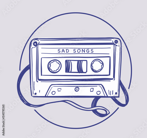 Tape recorder cassette, 90s, hand drawn sketch, vector illustration
