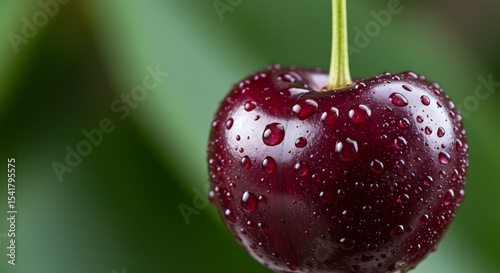 Single ripe cherry hanging on tree branch in summer orchard