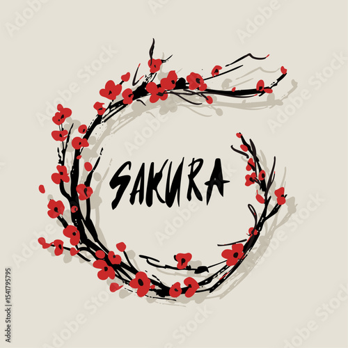 Sakura branch  emblem freehand, Oriental style painting, hand drawn sketch, vector illustration