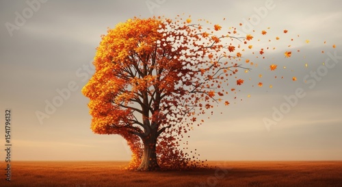 Symbolic tree in the shape of a human head with dispersing autumn leaves