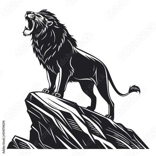 A lion roaring standing on a rock in black and white vector illustration Silhouette