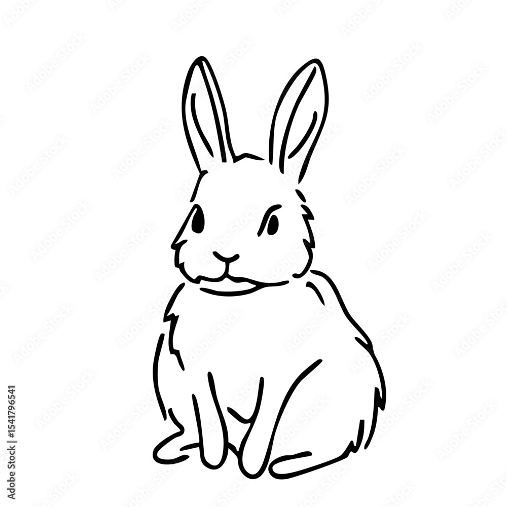 Fototapeta premium cute rabbit sitting upright with curious gaze minimal hand drawn black vector line sketch on white background concept of spring decor, kids books, easter greeting cards