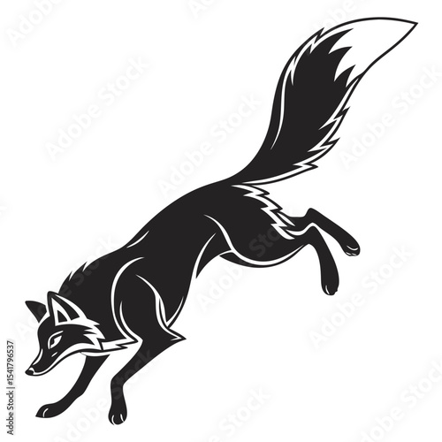Illustration of a black fox leaping with a white tipped tail in silhouette Silhouette