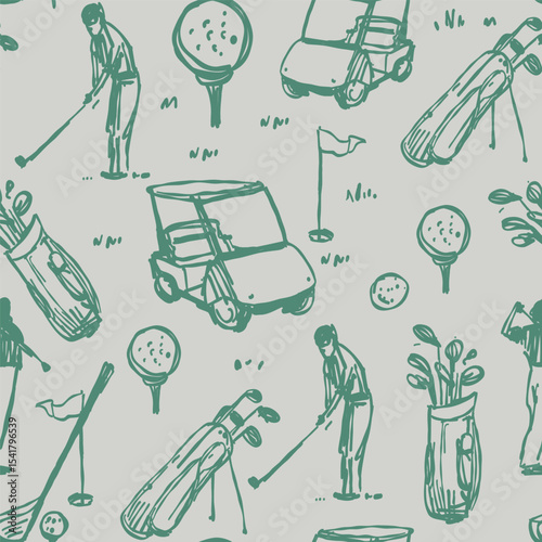 Golf sketch seamless pattern. Sports tools vector illustration. Hand drawn vintage style, isolated