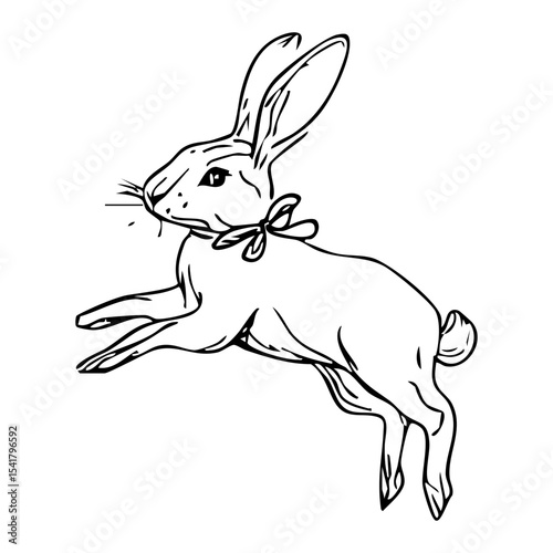 rabbit jumping with a bow around neck, ink line vector drawing of bunny in motion, isolated on white background, concept of children's publishing, easter decor, spring branding