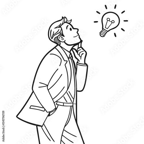 A man in a suit looking at a lightbulb expressing an idea or inspiration Silhouette