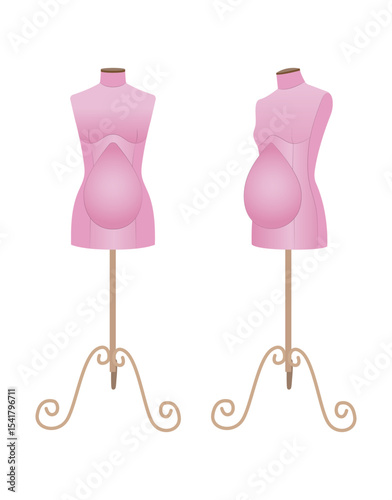 Realistic vector illustration of pregnant tailor mannequins for sewing maternity clothing. Female dress forms with baby bump for fashion design and garment fitting.