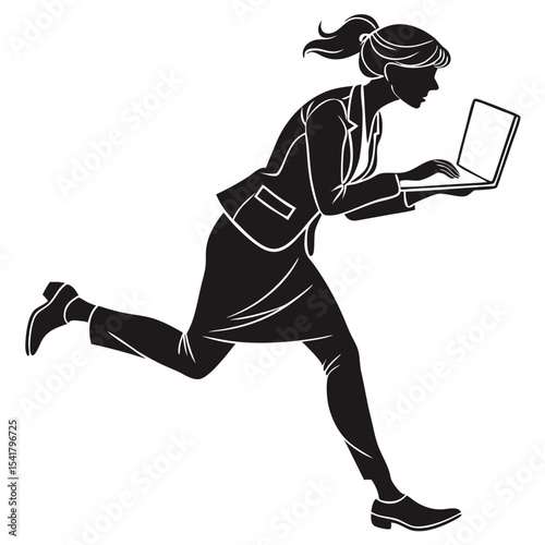 of a businesswoman running while using her laptop computer Silhouette