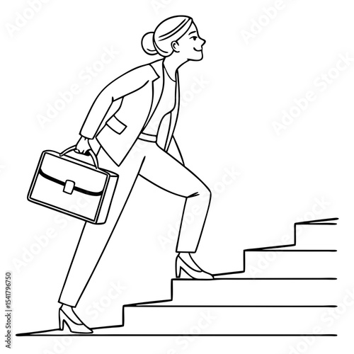 Businesswoman in suit climbing stairs carrying briefcase line drawing art Silhouette