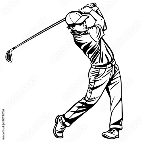 Illustration of a golfer in mid swing wearing a cap and golf apparel Silhouette