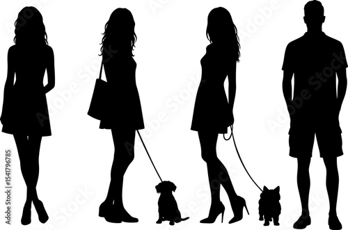 Diverse People with Pets Silhouettes: Dog Owners Vector