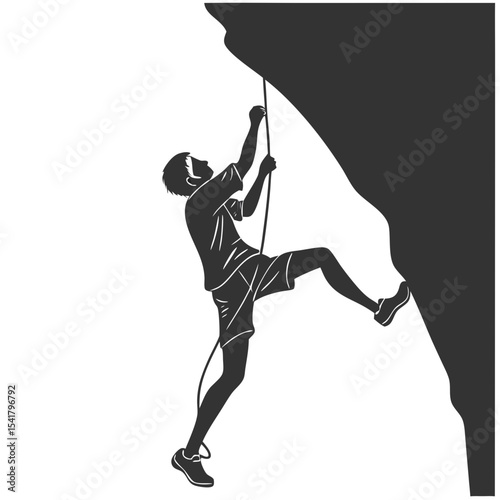 of a man rock climbing with rope on a rocky cliff face Silhouette