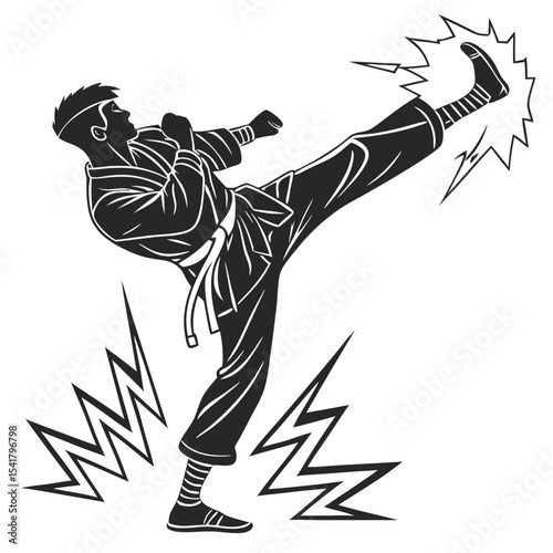 of a martial artist performing a high kick with energy sparks Silhouette