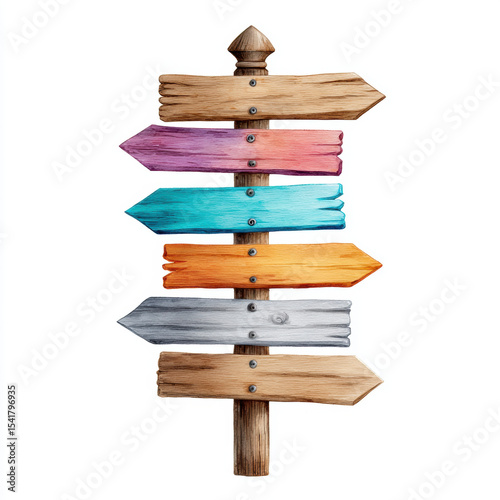Colorful wooden signpost with multiple arrows pointing in different directions, showcasing rustic design. This vibrant piece adds playful touch to any outdoor or indoor setting