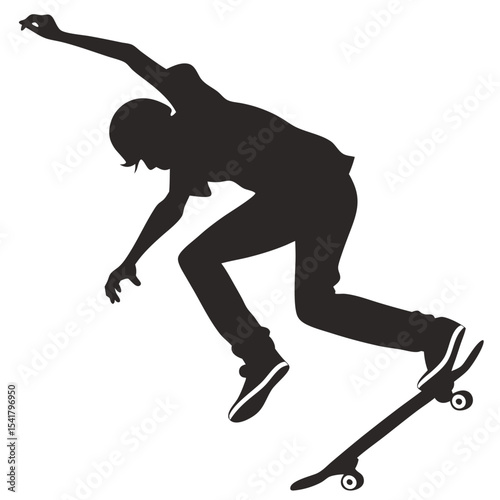 of a skateboarder performing a trick in mid air on a board Silhouette