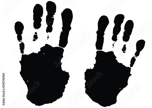 Two black handprints are displayed side by side, against a stark white backdrop